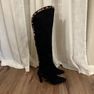 Stuart Weitzman Over the Knee Boots Sz 6 Black Suede Animal Print Heel Designer